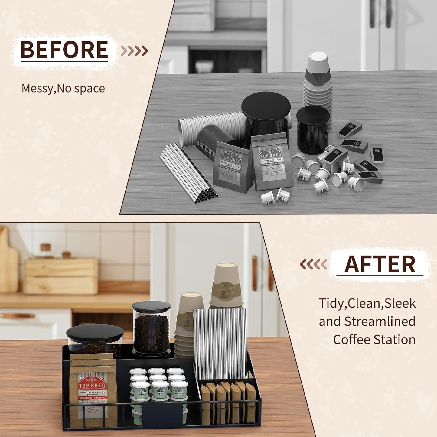 Metal Coffee Station Organizer for Countertop - Coffee Bar Organizer with Designable DIY Logo, K Cup Pods Holder & Tea Condiment Storage - Rustic Breakroom Kitchen Decor in Balck