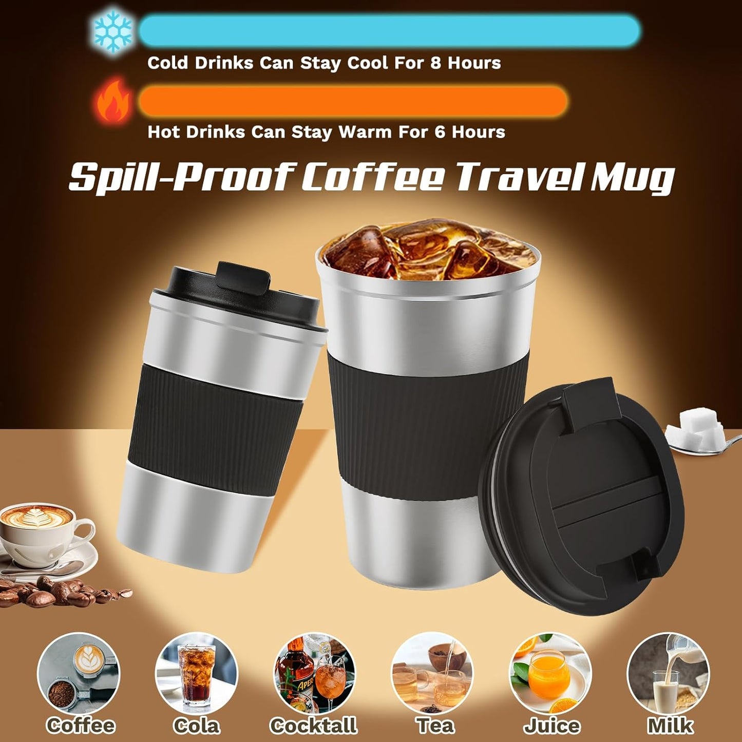 Vacuum-Insulated Stainless Steel Travel Coffee Mug, Leak-Proof Reusable Coffee Cup with Lid - Keep Hot & Cold Drinks for Hours, Durable Thermos Tumbler for Men & Women (3rd-Silver black, 12OZ)