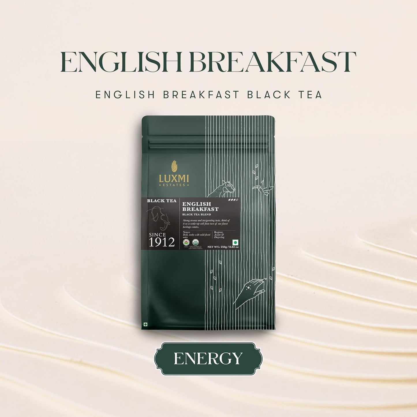 Luxmi Estates English Breakfast Tea 250g Loose Leaf Tin | A Tale of Two Estates | Certified Organic Black Tea leaf | Smooth, Flavorful, Robust, Caffeinated | Darjeeling & Assam Tea from India | 125 Cups