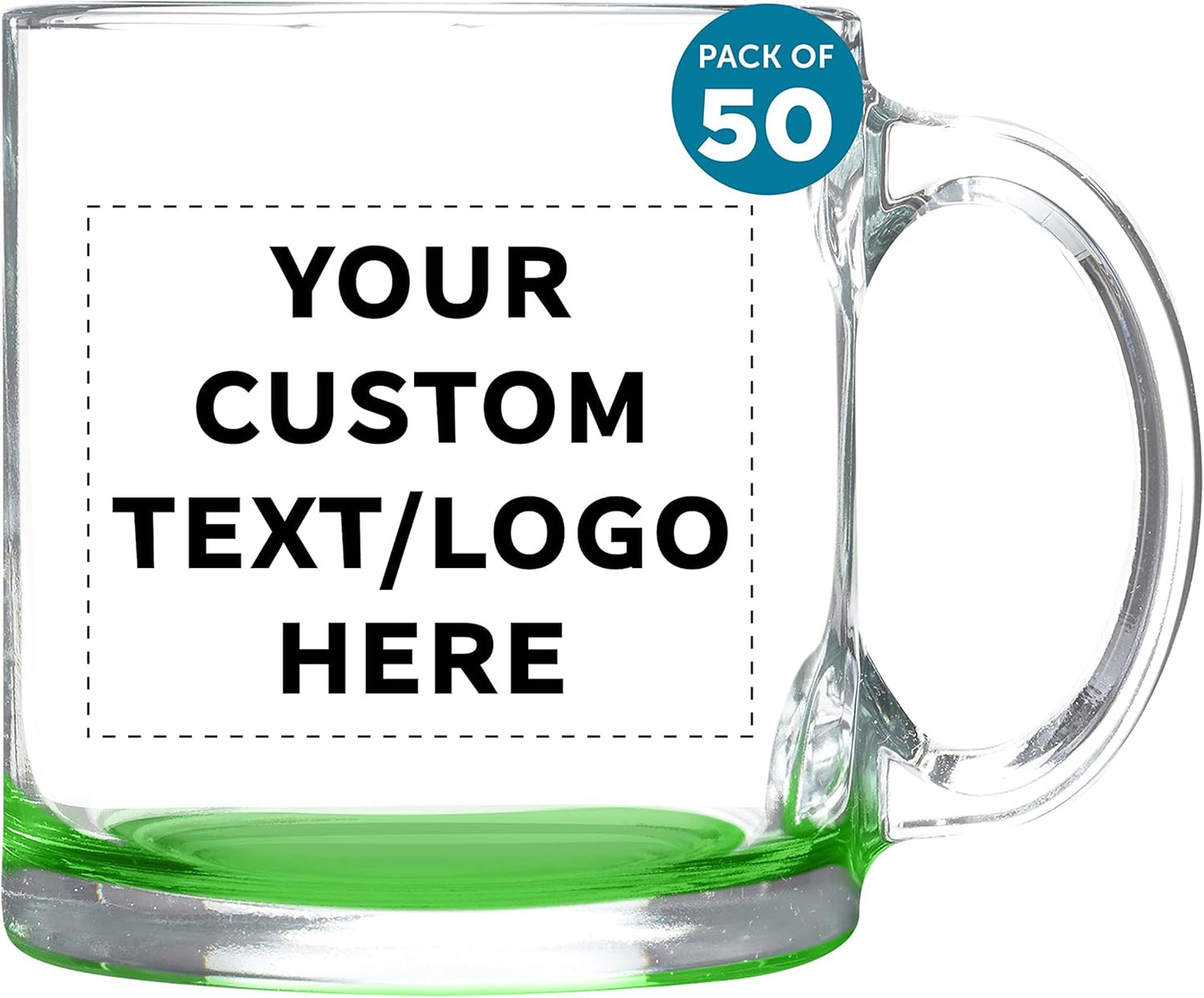 Custom Libbey Clear Glass Coffee Mugs 13 oz. Set of 50, Personalized Bulk Pack - Perfect for Coffee, Tea, Espresso, Hot Cocoa, Other Beverages - Green Bottom