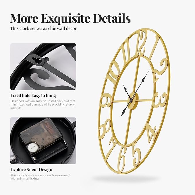 Cuspin 20 Inch Wall Clock Gold, Large Decorative Wall Clocks Battery-Operated - Image 5