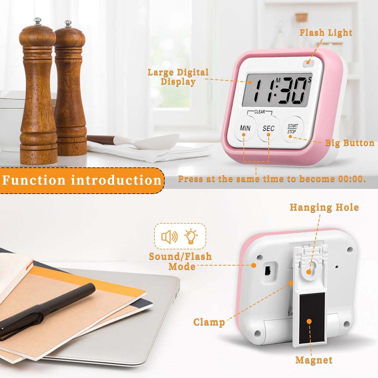 Timer, Kitchen Timers for Cooking Classroom Timer for Kids Teachers Magnetic Digital Timers 4 Pack, Pink