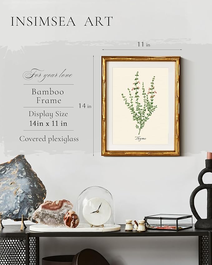 InSimSea Gold Bamboo Framed Canvas Wall Art, Vintage Watercolor Thyme Herbs - Image 3