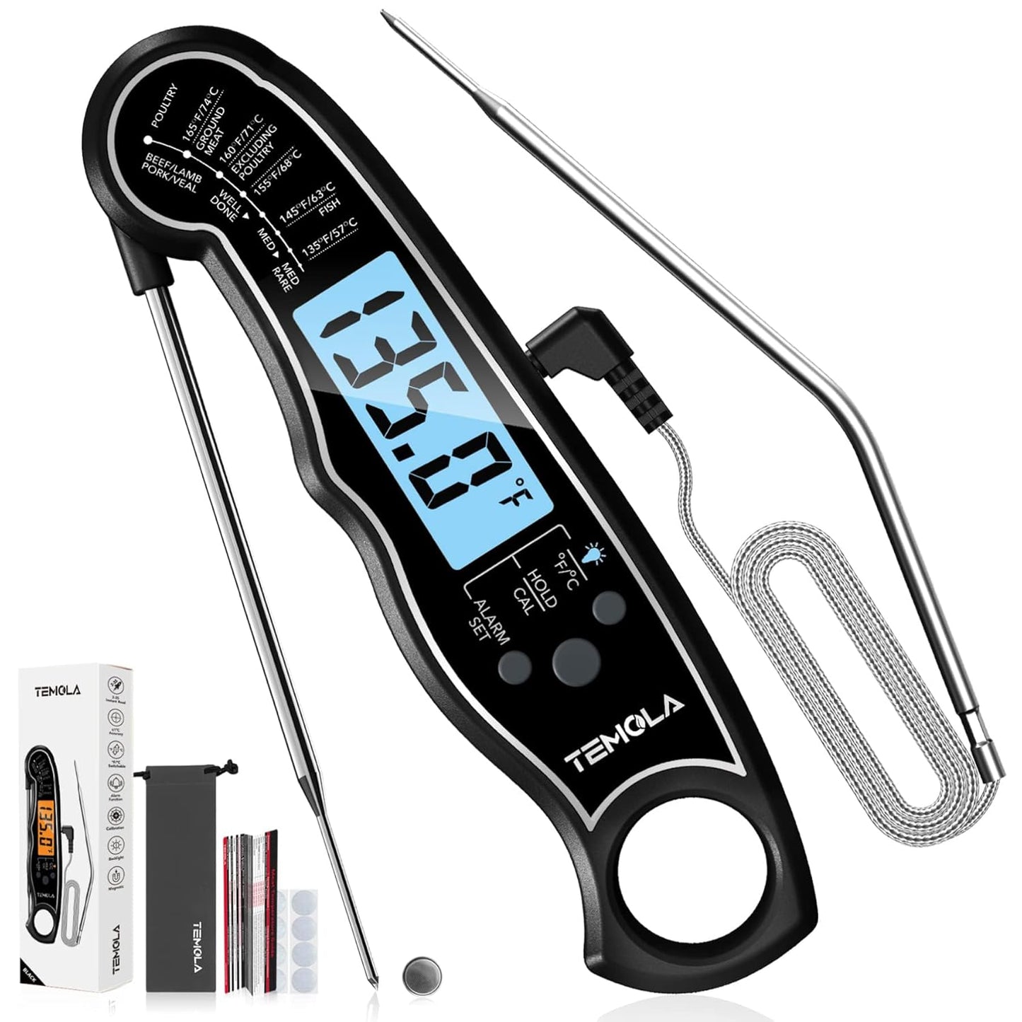 TEMOLA Meat Thermometer, Instant Read Food Thermometer for Cooking, Digital Food Thermometer with LCD Backlight for Candy Fry Grill BBQ Liquids, Kitchen Oven Safe Dual Probe 2 in 1 Thermometer