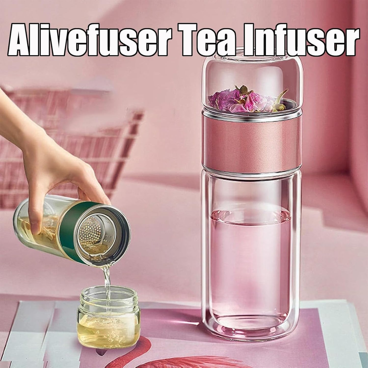 Tryteava Glass Infuser, Tryteava 3-in-1 Smart Tea Infuser, Portable Glass Double Wall Tea Infusers Bottle, with Stainless Steel Filter, Hot & Cold Brew, For Loose Leaf, Office Home (Black, 420ml)