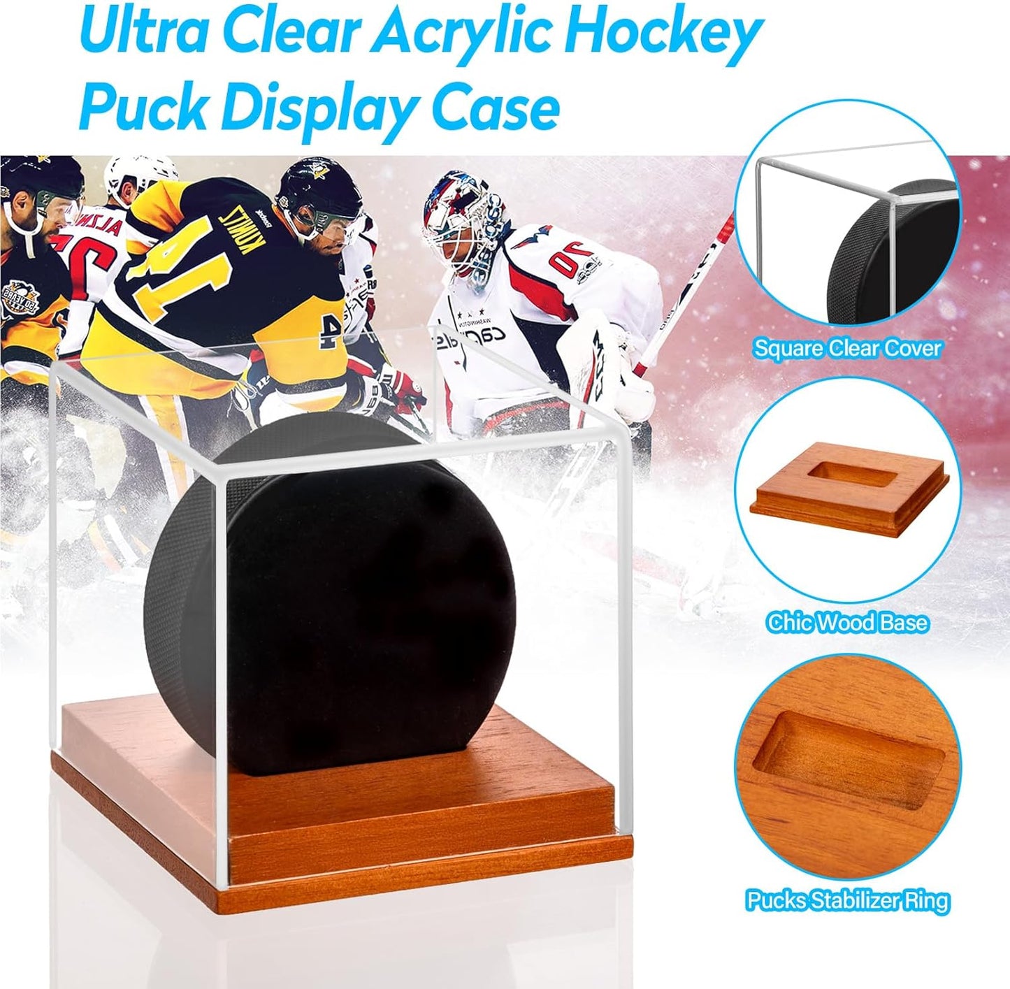 Hockey Puck Display Case, Pucks Display Cases with Wooden Base, Acrylic Clear Box - Hockey Memorabilia Storage Holder, for Enthusiasts & Collectors & Fans (1 Pack, Square)