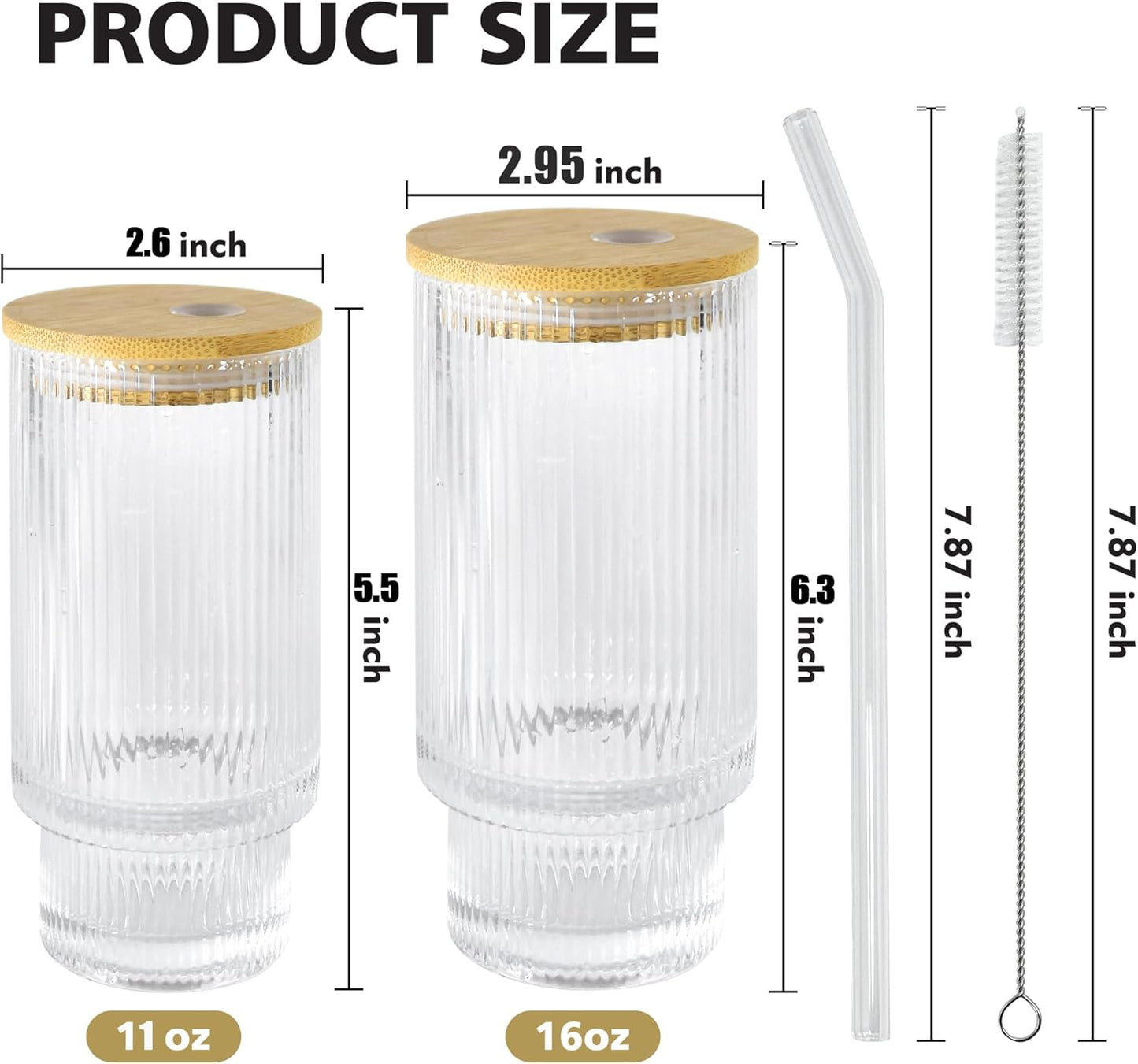11oz Glass Tumbler with Straw and Lid Ribbed Vintage Iced Coffee Glasses for Tea Soda Cocktail Smoothie(Ribbed*2)