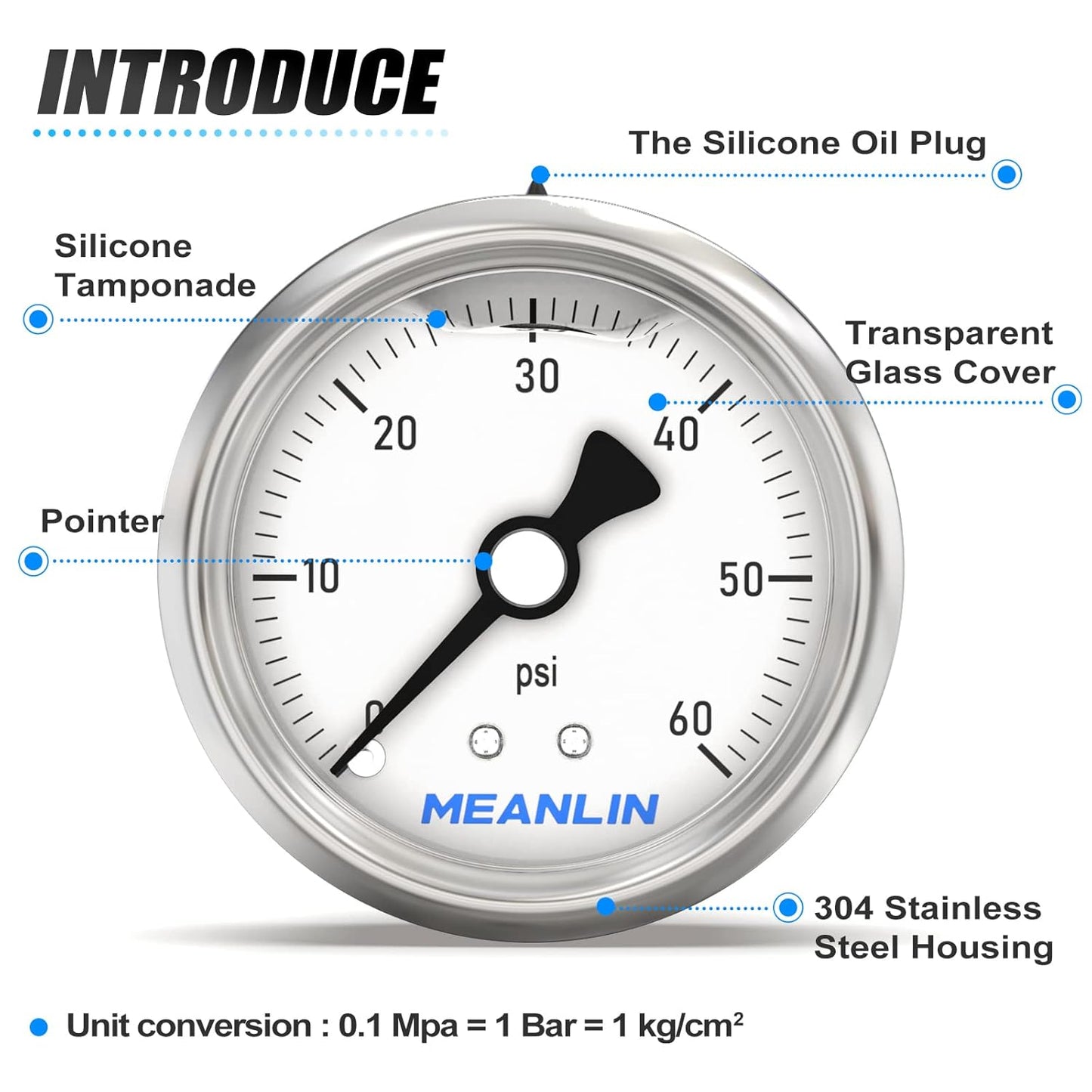 MEANLIN MEASURE 0~60Psi Stainless Steel 1/4" NPT 2.5" Single Scale FACE DIAL, Glycerin Filled Pressure Gauge, Pool Sand Filter, Back Mount, with 1/4" x 1/2" NPT and 1/4" x 3/8" NPT Hex Bushing