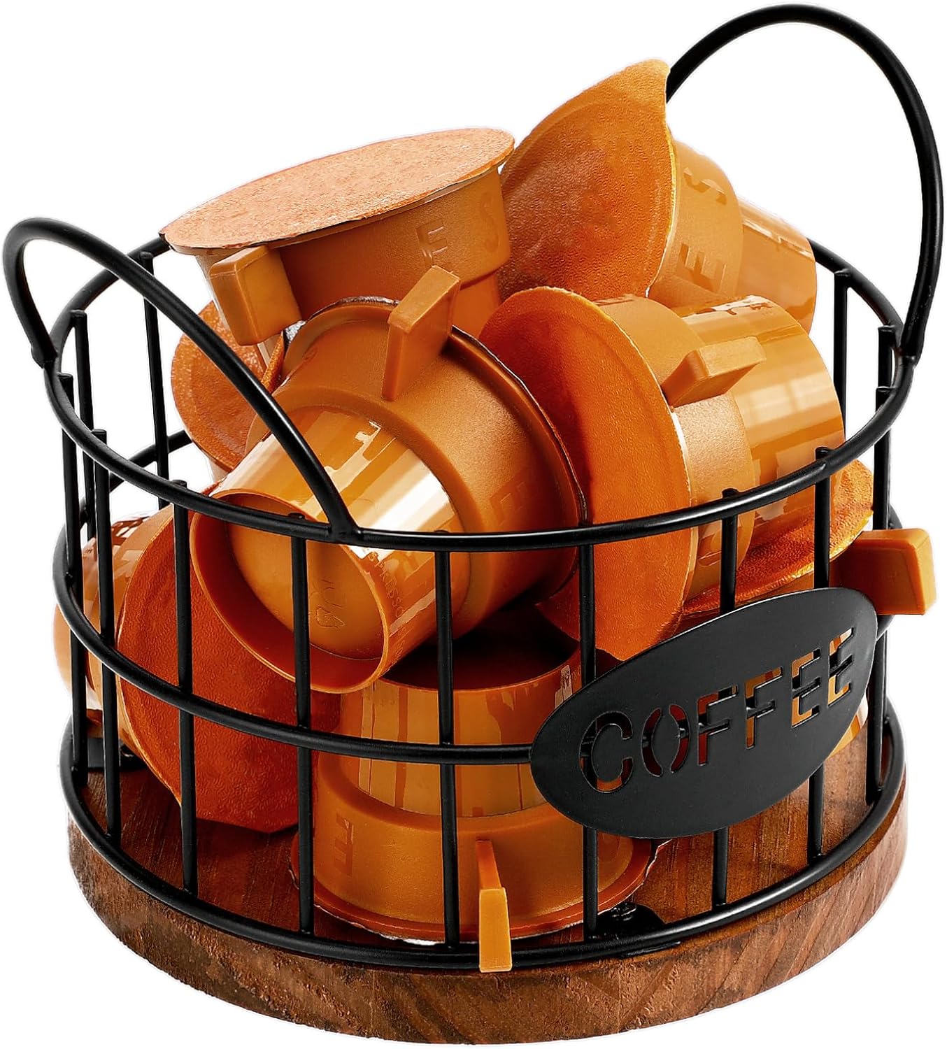 Kichvoe Coffee Pod Holder - Black Wire Coffee Capsule Basket with Wooden Base and Handles - Compact Station Organizer for Countertop - Multi-Functional Bar Accessory