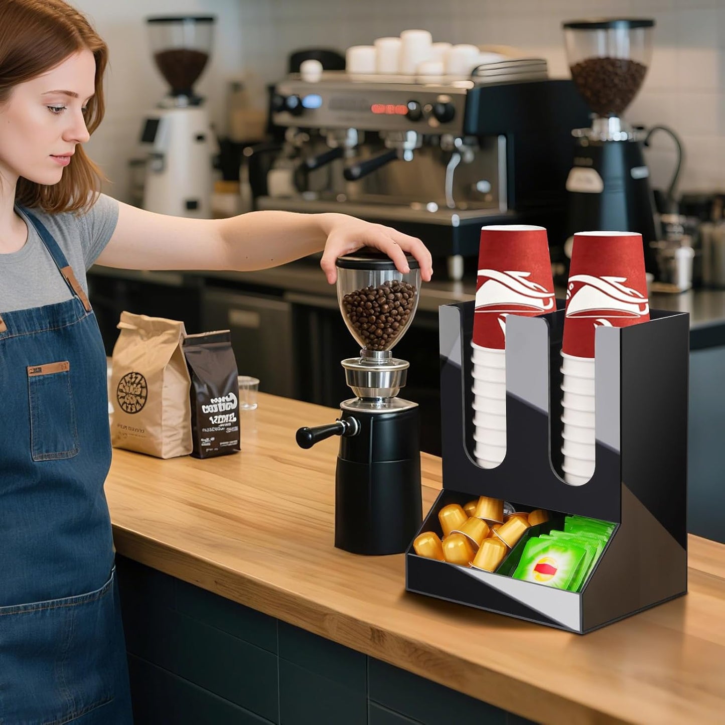 MYITYARD Coffee Station Organizer, 2-Tier Coffee Bar Accessories for Countertop, Acrylic Condiment and Cup Storage Organizer, 4 Compartments, Cup and Lid Holder for Pods, Syrup, Stirrer