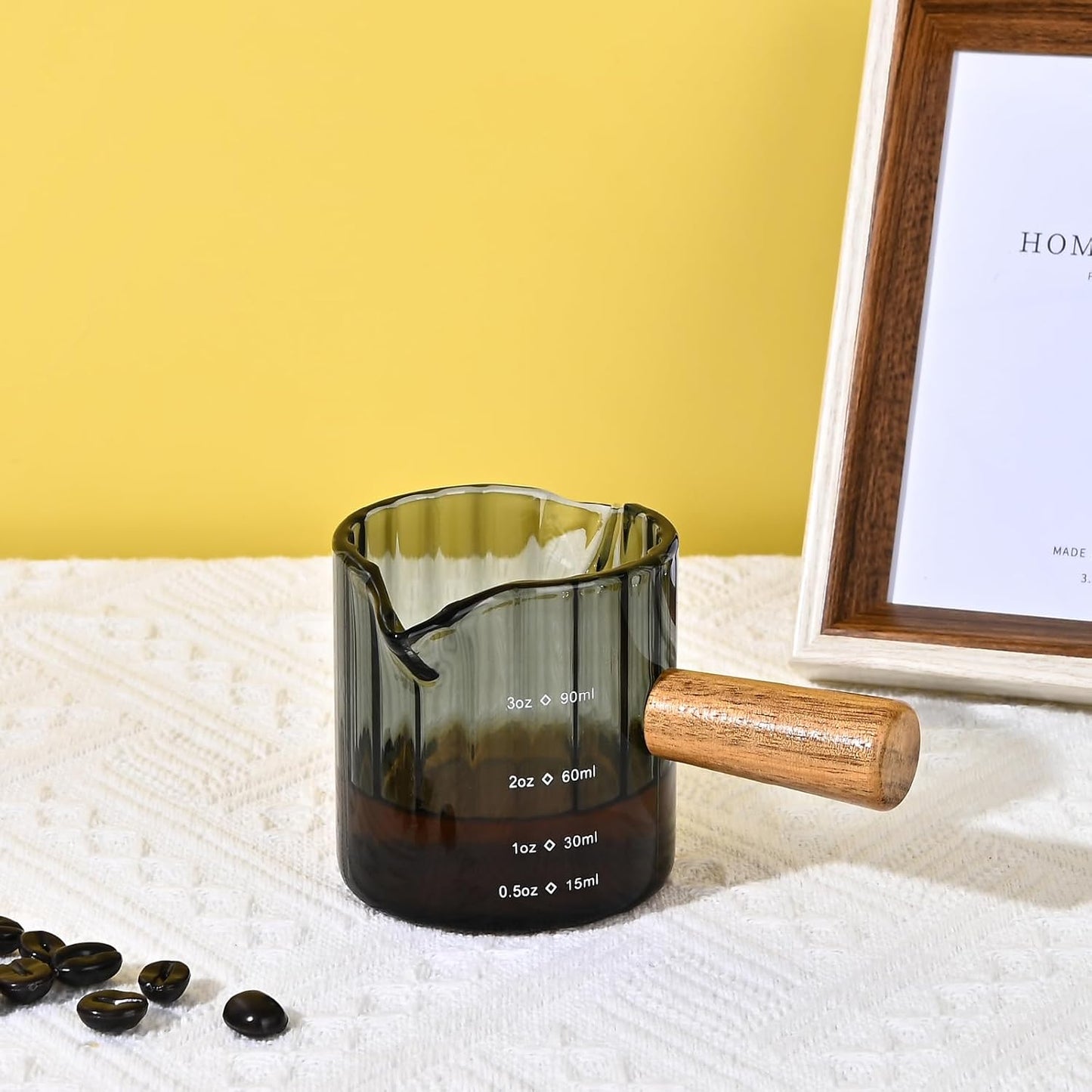 Glass Measuring Cup, 3oz Espresso Shot Glass with Wood Handle, Double Spouts Measuring Cups Pitcher Milk Cup Coffee Shot Glasses (Gray Ribbed)