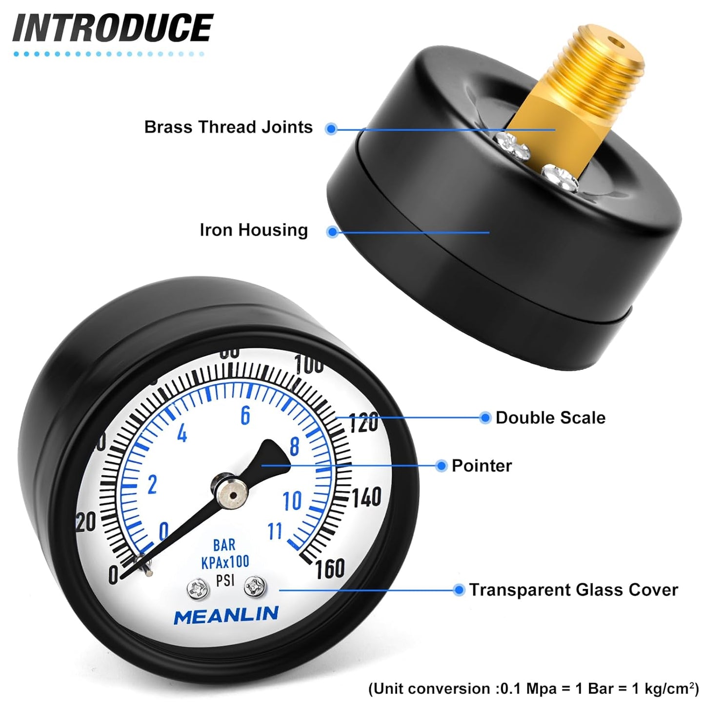 MEANLIN MEASURE 0-160Psi 2" DIAL FACE 1/4" NPT Well Pump Pressure Gauge, with 1/2" NPT and 3/8" NPT Hex Bushing, 3-2-3% Accuracy, Center Back Mount