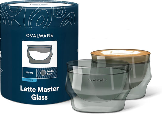 ovalware 8.5oz Double Wall Latte Cups, Latte Set of 2 - Latte Glasses for Cold & Hot Drink, Palm-Sized Cups with Wide Rim for Artistic Designs - Stealth Gray