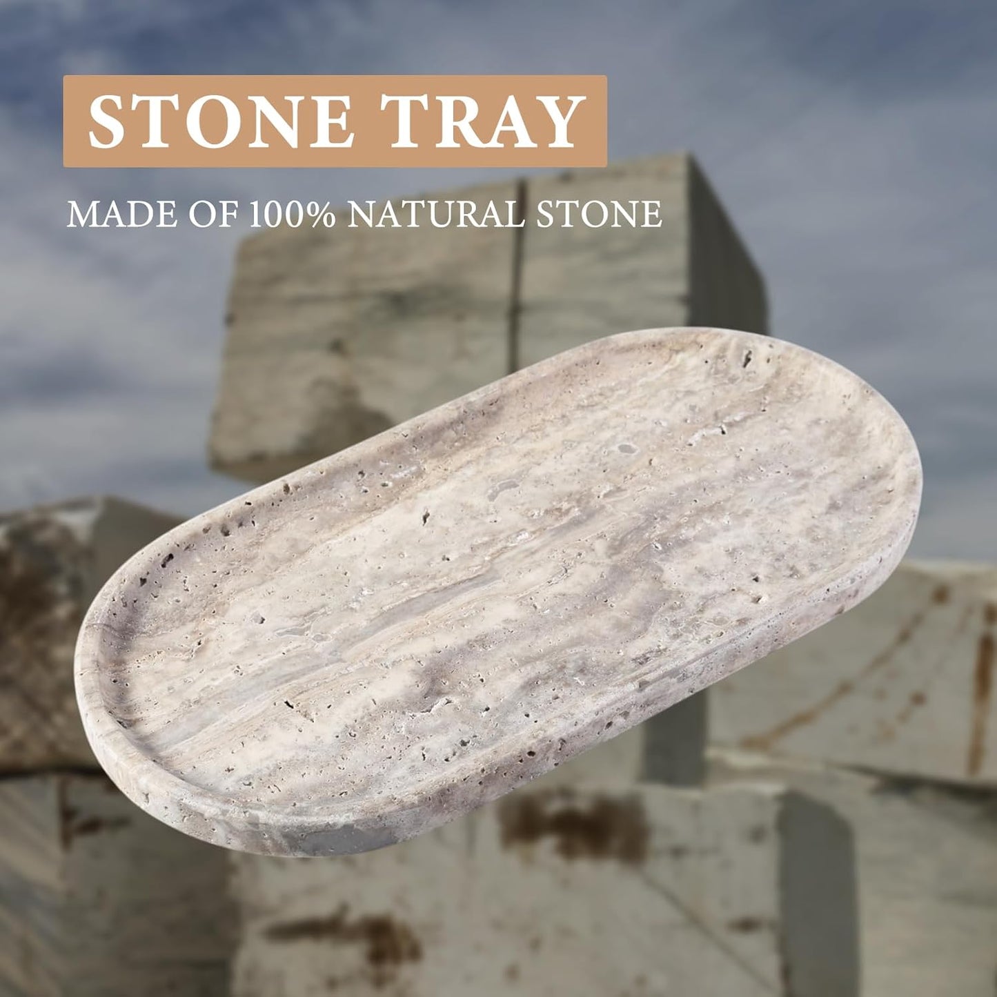 Koville Natural Travertine Tray for Bathroom Countertop, 12"x6" Vanity Decorative Marble Tray for Perfume, Candles, Jewelry, Stone Catchall Trays Jewelry Dish, Silver Stone Trays for Kitchen Counter