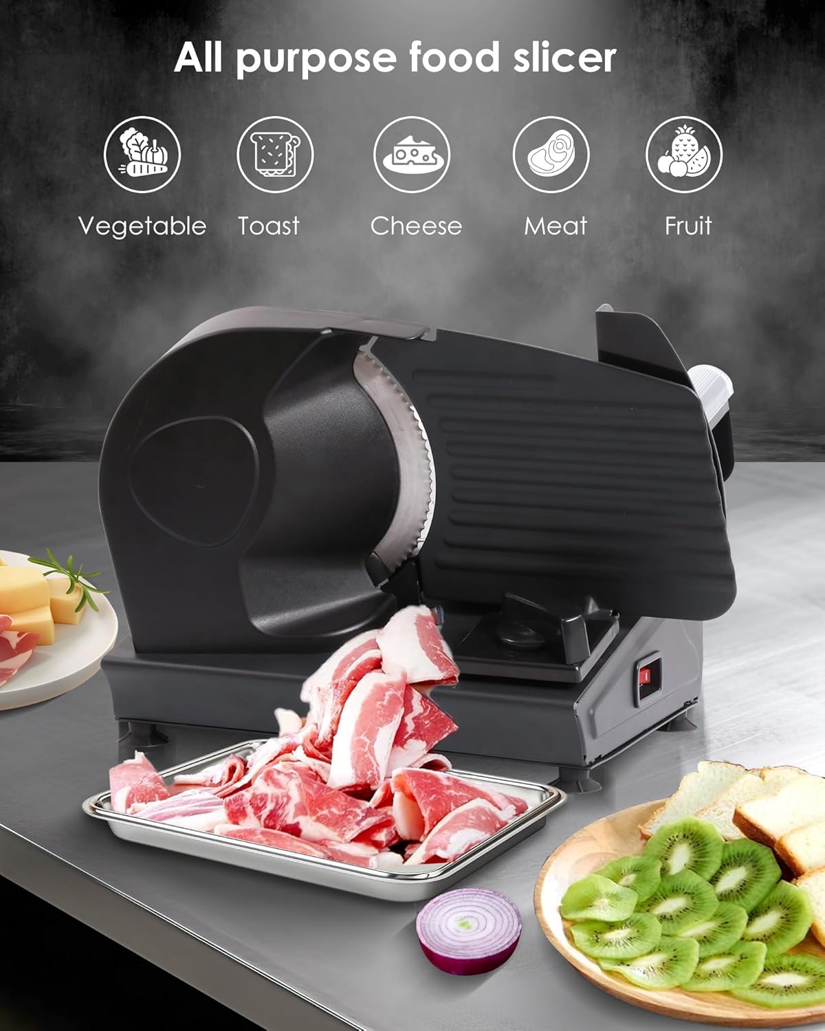 TOOGOOD 7.5" Electric Meat Slicer, with Stainless Steel Blade, Adjustable Thickness Food Slicer Machine for Home Use, Cuts Meat, Ham, Hard Cheese and Deli (Black)