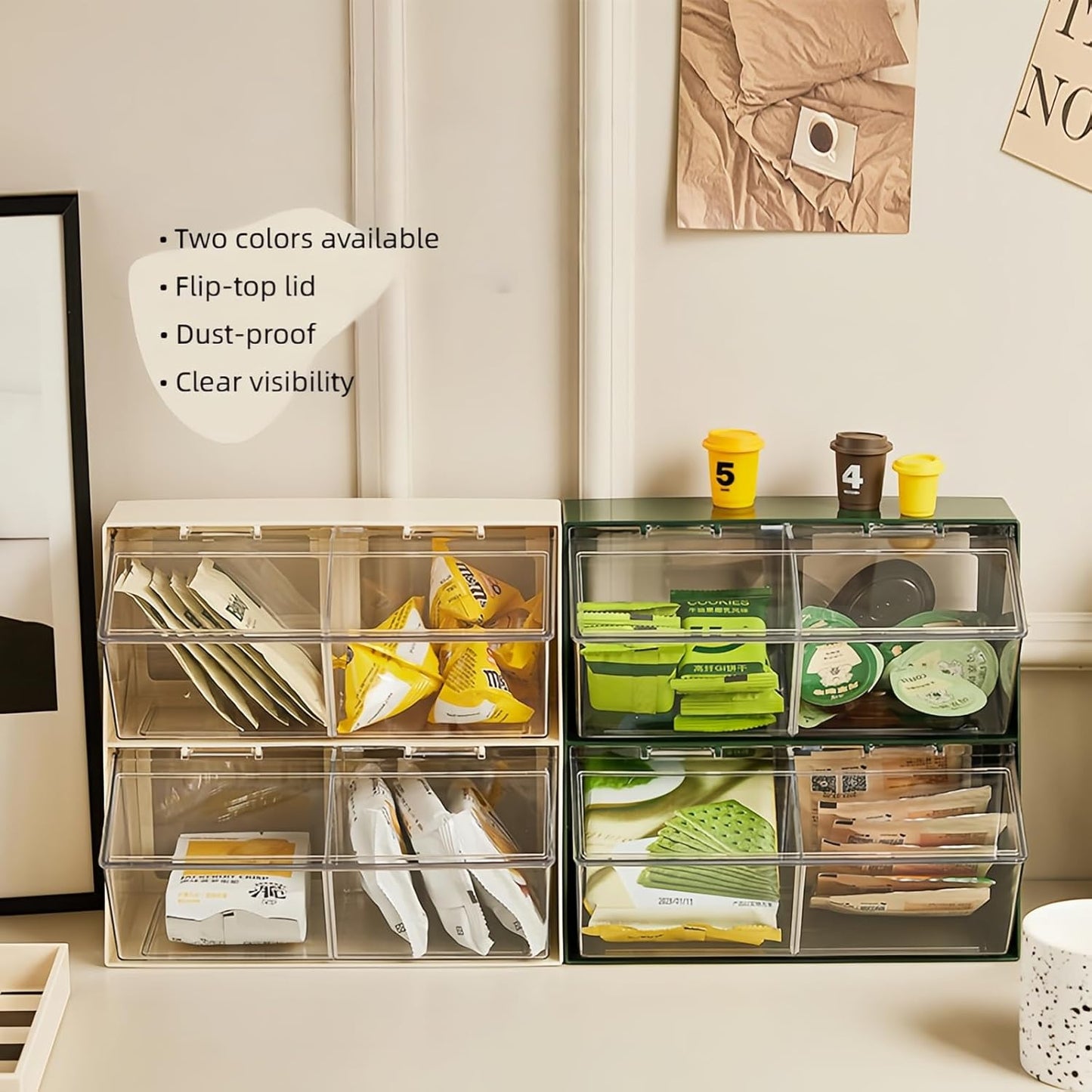 Bokelai K Cup Holder Plastic Organizer for coffee pod with Lid Large Capacity Countertop Versatile Desk Storage Station for Capsule Creamer Suger Tea Bag Face Mask Green/Clear