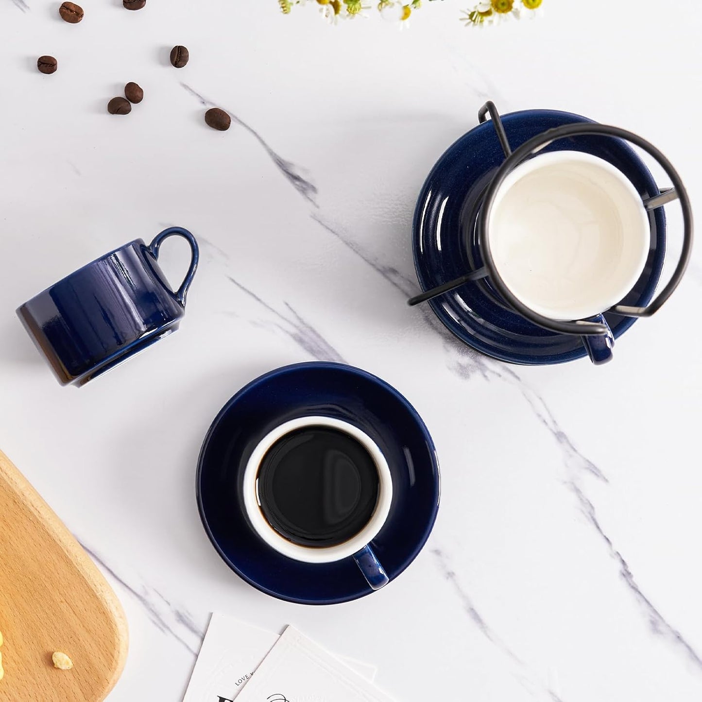 4oz Porcelain Stackable Espresso Cups with Saucers and Metal Stand Set of 4, Stackable Cappuccino Cups, Blue Expresso Shots Cup Set for Coffee Drinks, Latte, Americano, Tea