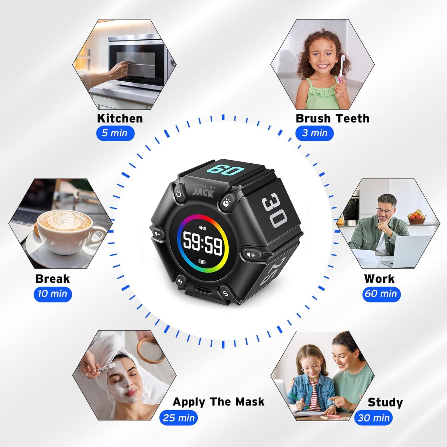 Jack Pomodoro Timer - Productivity Cube, Visual Focus Timer, Mute & Vibration & Adjustable Sound Alert, for Office, ADHD, Study, Work, 3/5/10/25/30/60min & Custom Countdown - Black