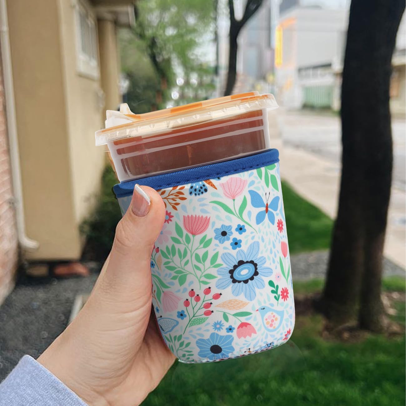 Reusable 3-Pack Iced Coffee Cup Sleeve, Insulated Neoprene, Beverage Holder for Iced Coffee, Durable Drink Sleeve for Cold Beverages, Butterfly Bloom