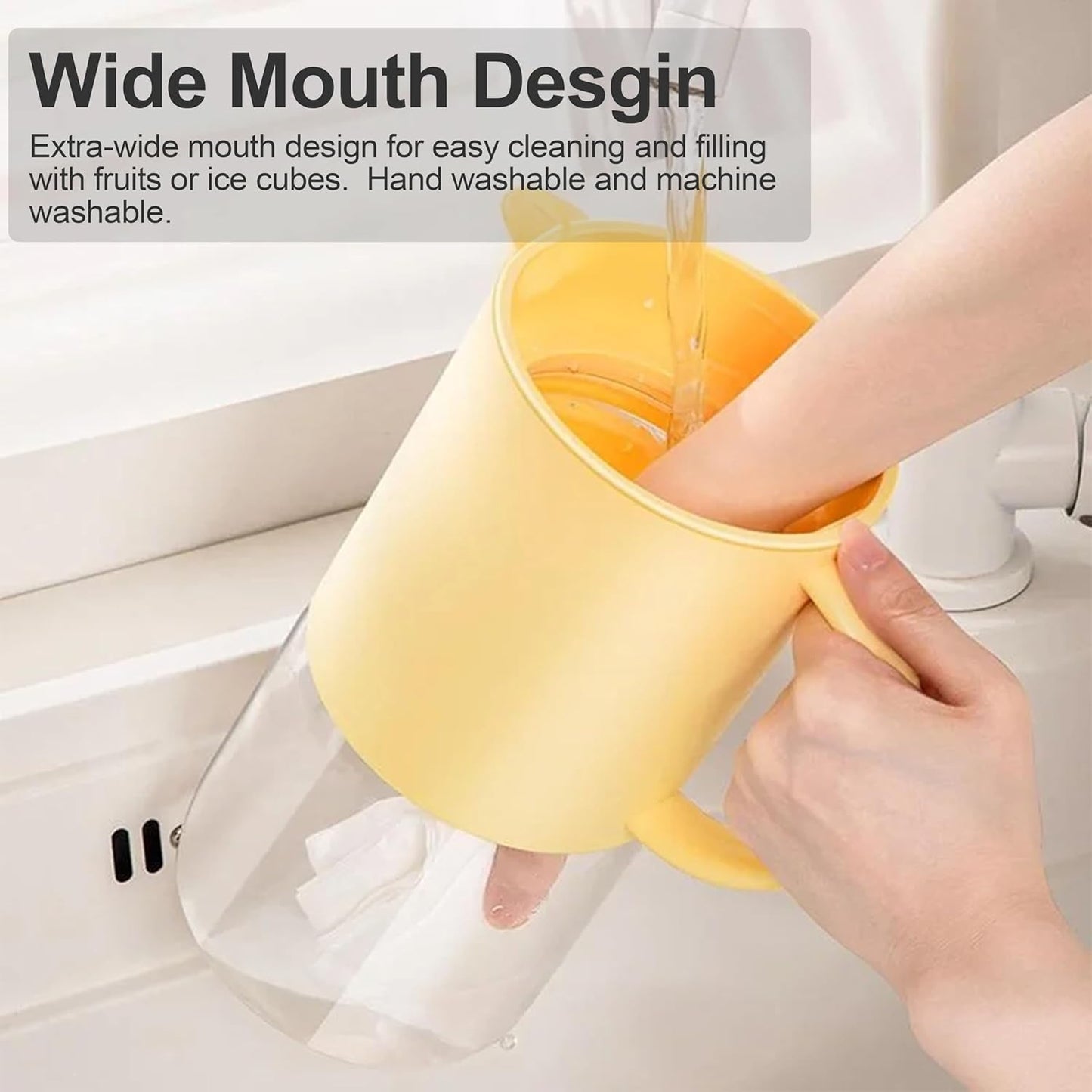 Delove Borosilicate Glass Pitcher with Lid & Auto Spout – Shatterproof Plastic Shell, Wide Mouth Design – 62 oz (1.9 Quart) Jug for Boiling Water, Iced Tea, Juice & Cold Brew Coffee (1, Yellow)