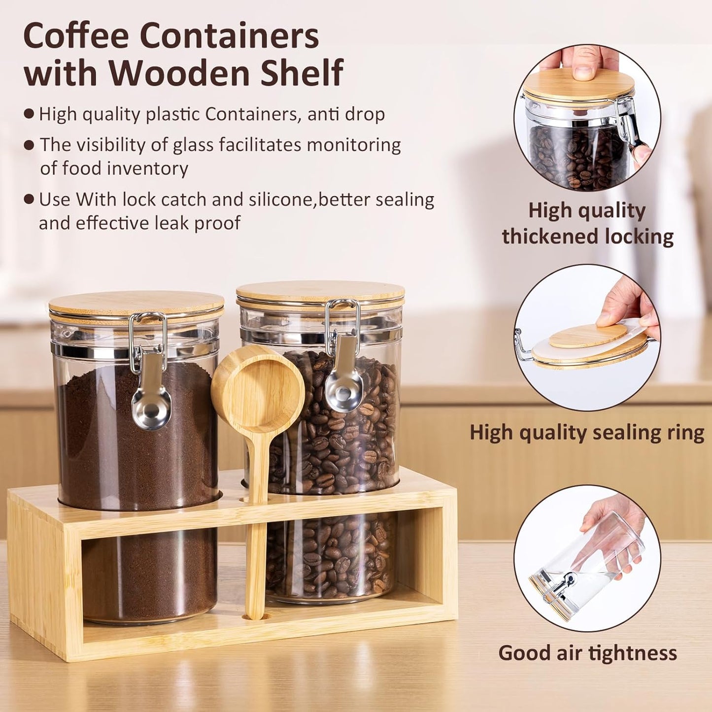 Yangbaga 2Pcs Coffee Sugar Canisters with Shelf, 38OZ Plastics Storage Containers for Ground Coffee Bean Storage with Lid Airtight Locking Clamp and Coffee Scoop, Food Storage Jar for Kitchen