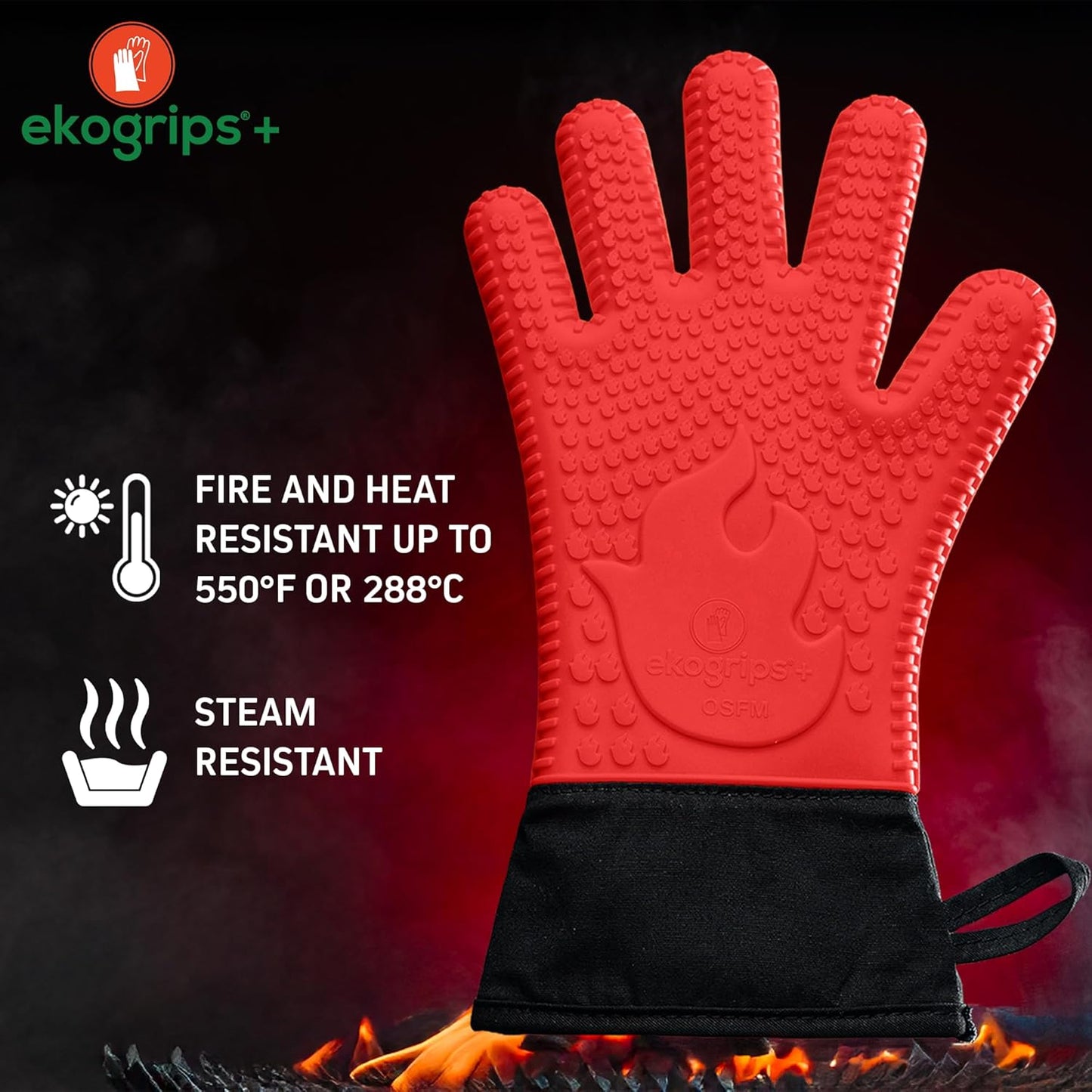 Ekogrips+ Premium Silicone Oven Mitts - Comfy, Waterproof, Heat Resistant BBQ Gloves for Grilling, Long Cuff for Added Protection, 5 Finger Dexterity, 3 Sizes, 4 Colors, S/M, Red
