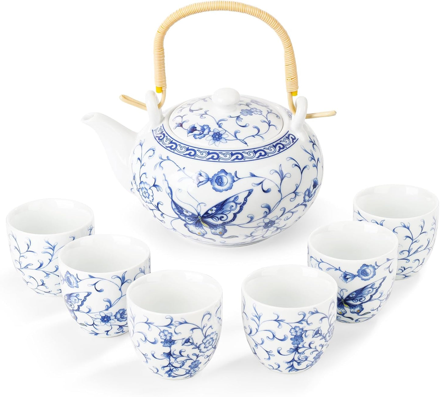fanquare Chinese Blue and White Porcelain Tea Set with 1 Teapot Set, 6 Tea Cups, Butterfly Pattern Asian Japanese Tea Sets for Adults