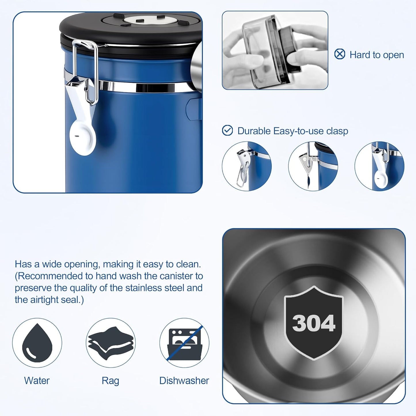 ShanSon Coffee Canister Airtight Coffee Container Stainless Steel Coffee Bean Storage Container with Scoop Coffee Canister for Beans Grounds Sugar Flour Tea Cereal,22OZ,Blue