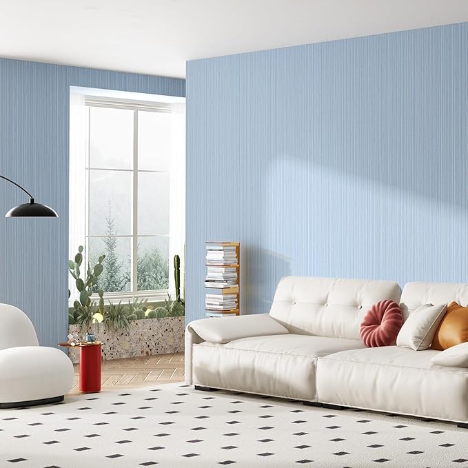 Light Blue Faux Grasscloth Wallpaper Peel and Stick Linen Textured 24"x394" - Image 5