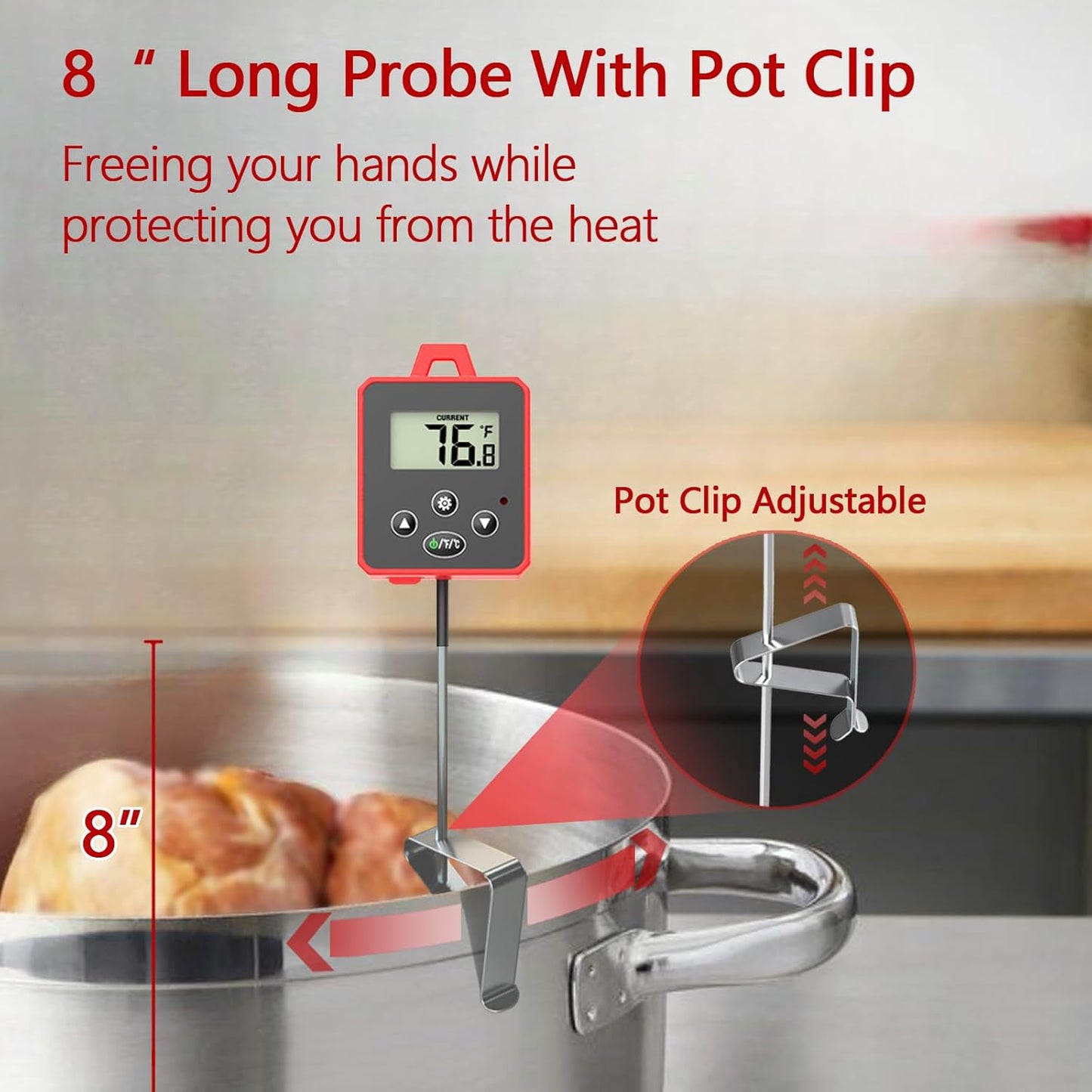 Waterproof Digital Candy Thermometer for Candy Making, Instant Read Cooking Thermometer with Pot Clip, Backlight LCD, 8" Long Probe, Temperature Alarm, ℃/℉ Switch for Kitchen, Outdoor BBQ