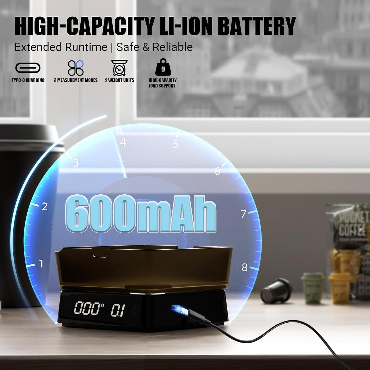 Coffee Scale PRO - 0.1g Precision Digital Rechargeable Espresso Scale with Timer, LED Hidden Screen, Portable Compact for Coffee Beans, Grounds, Baking & Food, Spill-Free Notched Lid for Easy Pouring