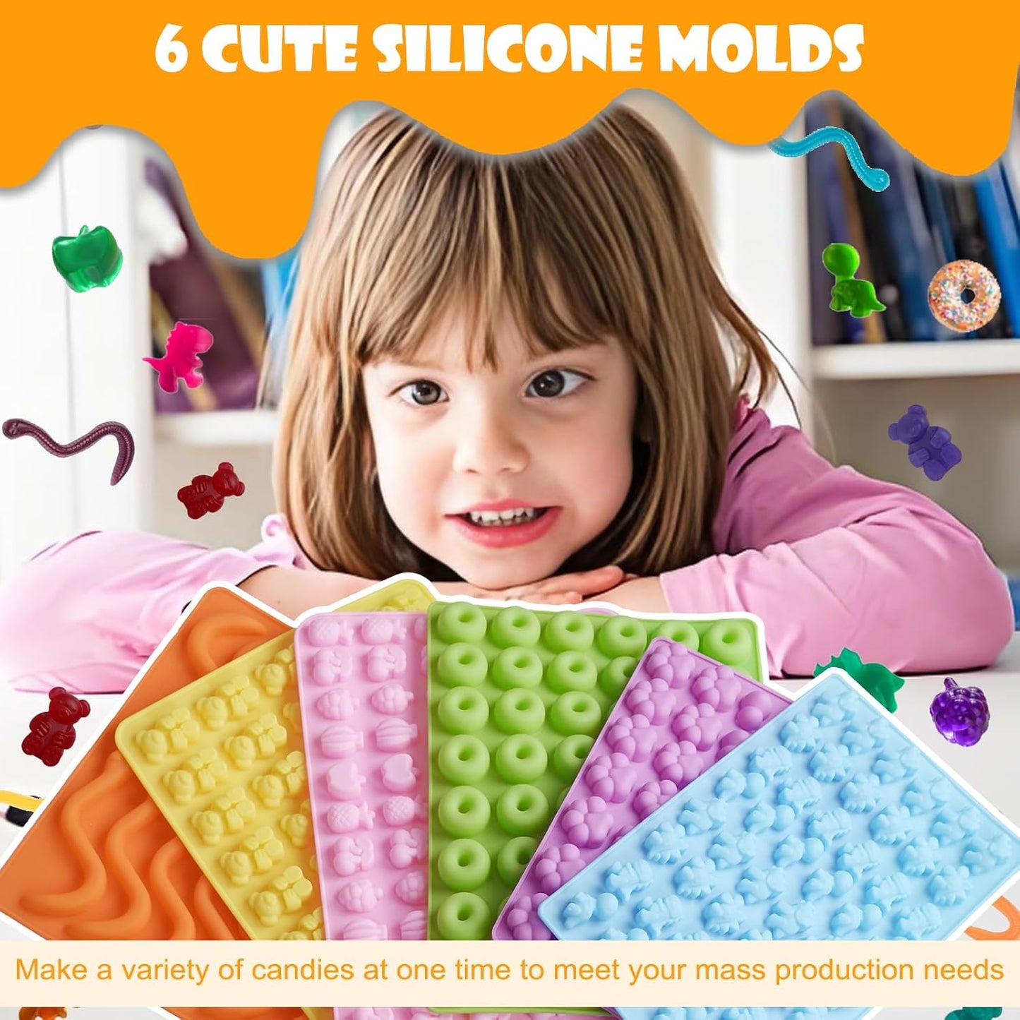 Gummy Bear Molds Silicone 37PCS Set,Nonstick Candy Mold Including Worm,Bear, Mini Dinosaur, Animals, Fruits and Mini Donut Molds,With 4 Droppers, Brush, Storage Box, 25 Wrappers