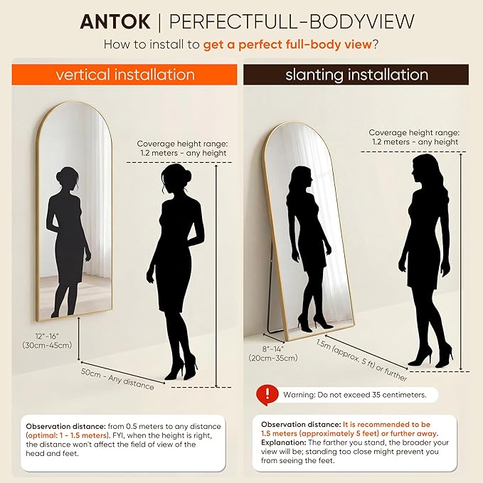Antok 81" x41” Arched Full Length Floor Mirror, Free Standing/Wall Mount/Leaning - Image 9