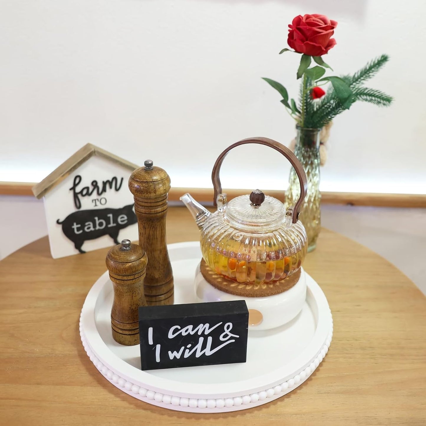 Round Wood Serving Tray with Beaded, 13” Rustic Wooden Decorative Coffee Table Tray for Centerpiece, Ottoman, Farmhouse Circle Trays for Counter, Living Room, Home Decor (White)