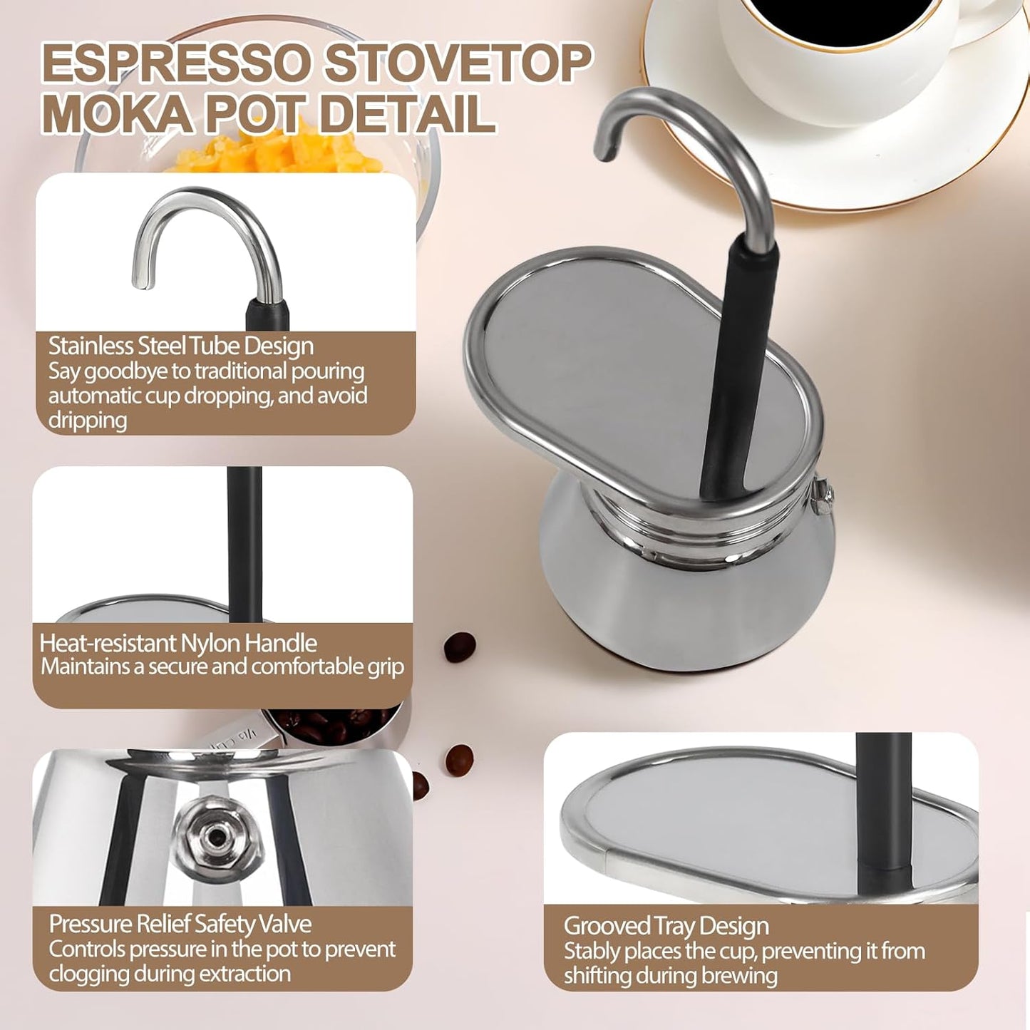 Uncoated 1 Cup Single Tube Moka Pot 304 Thickened Stainless Steel Mini Coffee Maker Stovetop Espresso Coffeemaker Italian Classic Style Brewing Greca Cafe Mocha Machine for Camping Travel Home 90ml