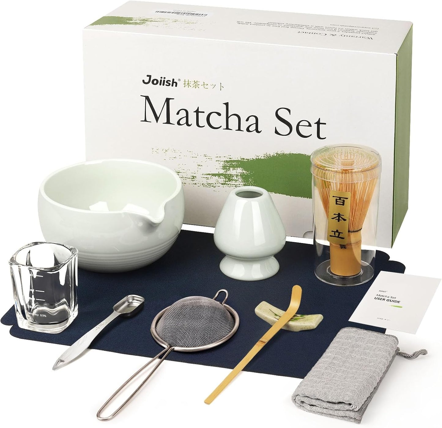 Matcha Tea Set 10-Pcs Kit, Whisk and Bowl with Spout & Measuring Spoon, Japanese Tea Making Tools, Grey