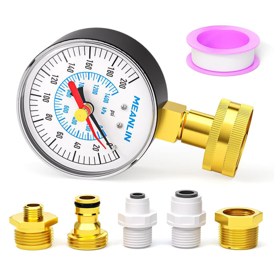 MEANLIN MEASURE 0~200Psi 3/4" Female Water Pressure kit Plus 5 adapters, 2.5" FACE DIAL Multi-Purpose Pressure Gauge kit with Red Indicator Hands, Hydraulic Tester Suitable for Gardens, Water Pipes