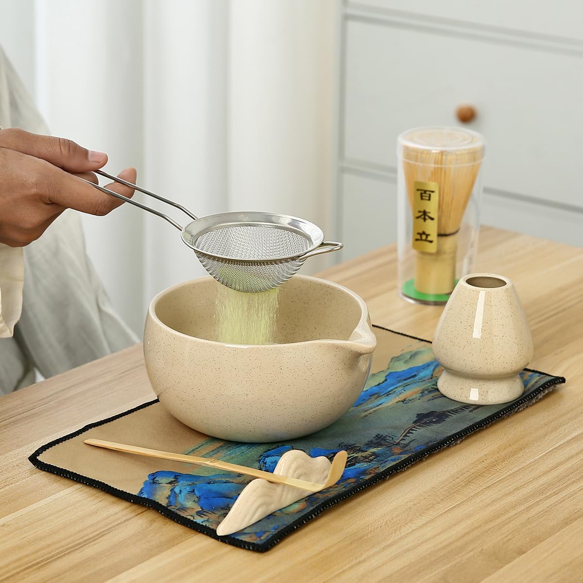 Matcha Set, 7 Pieces, Matcha Bowl with Spout, Whisk, Holder, Bamboo Scoop, Stainless Steel Sifter