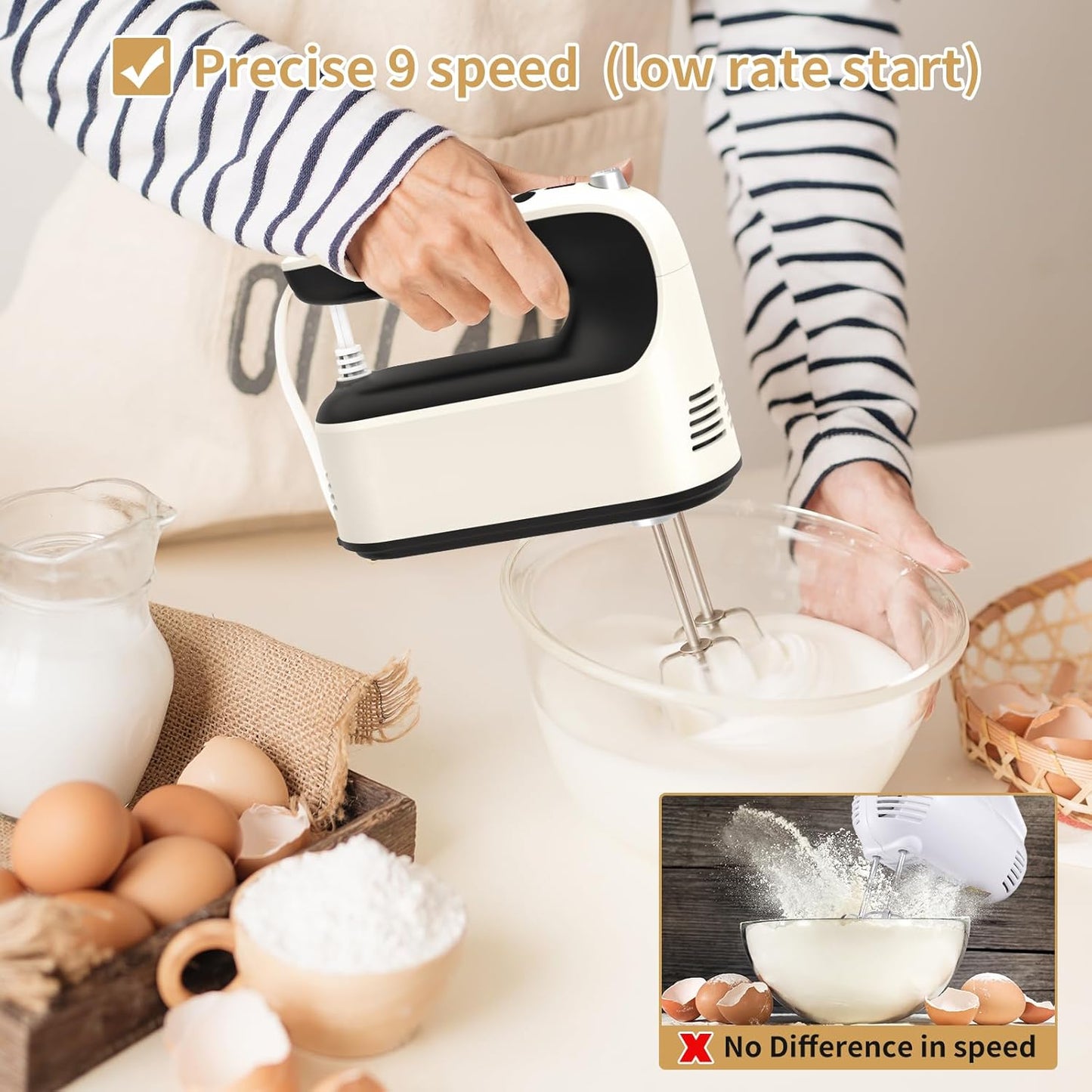 9-Speed Digital Hand Mixer Electric, 400W Powerful DC Motor, Baking Mixer Handheld with Snap-On Storage Case, 5 Stainless Steel Accessories, Flat Beaters, Dough Hooks, Whisk (Creamy&Black)