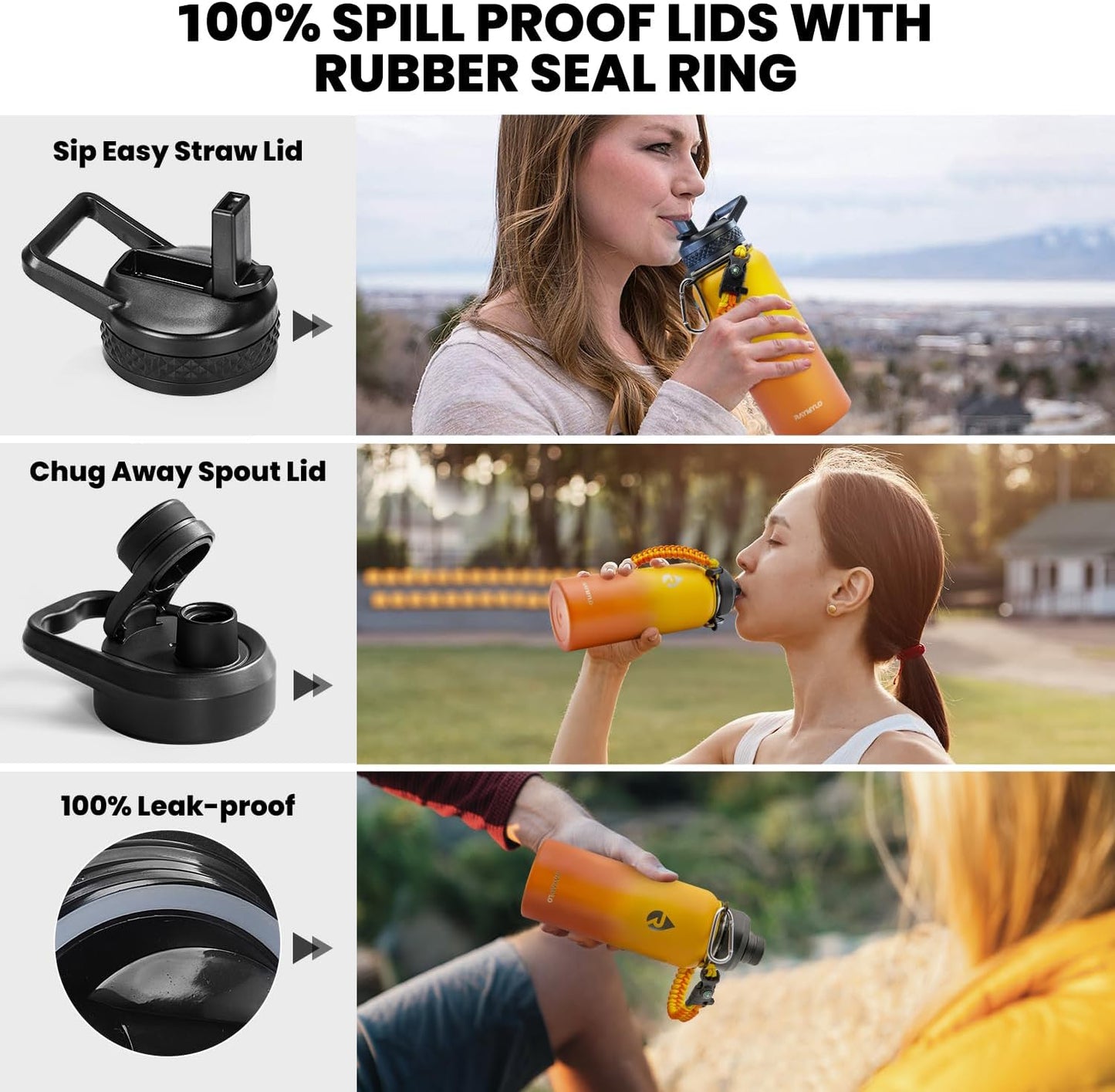 Insulated Water Bottle 32 oz, Triple Wall Vacuum Stainless Steel (Cold for 48 Hrs), Leak Proof & Non-BPA, Modern Water Flask Jug with Paracord Handle & Straw Spout Lids, Ombre Orange