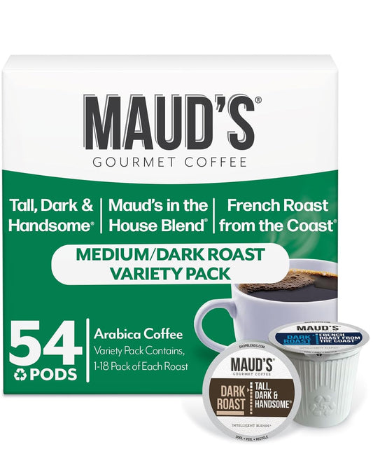 Maud's Dark Roast, Medium Roast & French Roast Coffee Pods Bundle, 54 ct, Recyclable Single Serve Pods – 100% Arabica Coffee, Compatible with Keurig K Cups Maker