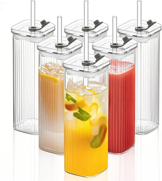 KEMORELA 6 Sets Glass Cups with Lids & Straws, Square Ribbed Drinking Glasses with Lids, Clear Highball Tumblers for Cocktail, Coffee, Juice, Beer, Modern Mixed Drinkware Jars