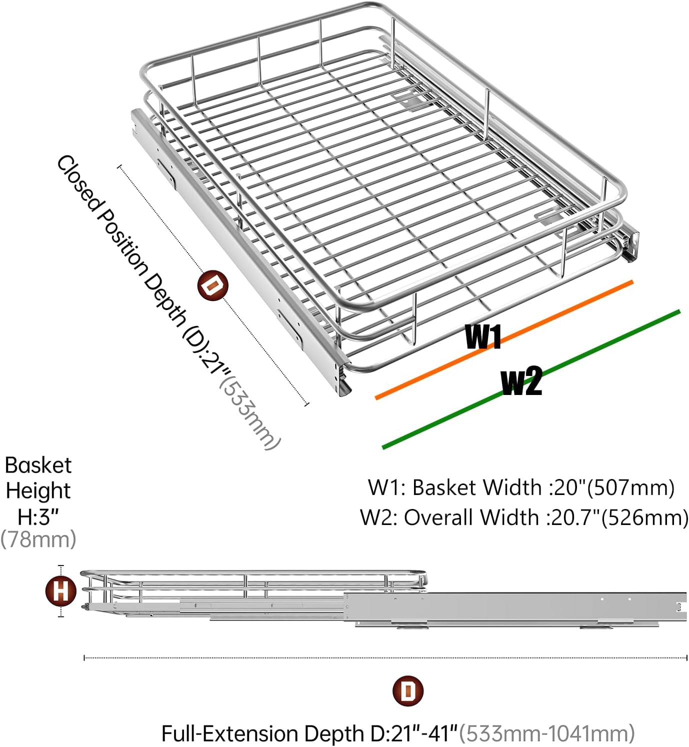 Pull Out Cabinet Organizer (20"W x 21"D), Put Out Shelves for Kitchen Cabinets, Roll Out Drawers Heavy-Duty Metal Sliding Shelf, Bottom Mount