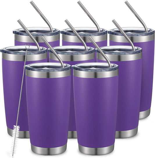 COMOOO 20oz 8 Pack Tumbler Double Wall Vacuum Insulated Coffee Travel Mug Stainless Steel Tumbler Bulk with Lid and Straw Durable Powder Coated Insulated Coffee Cup for Cold & Hot Drinks Purple 8 Pack