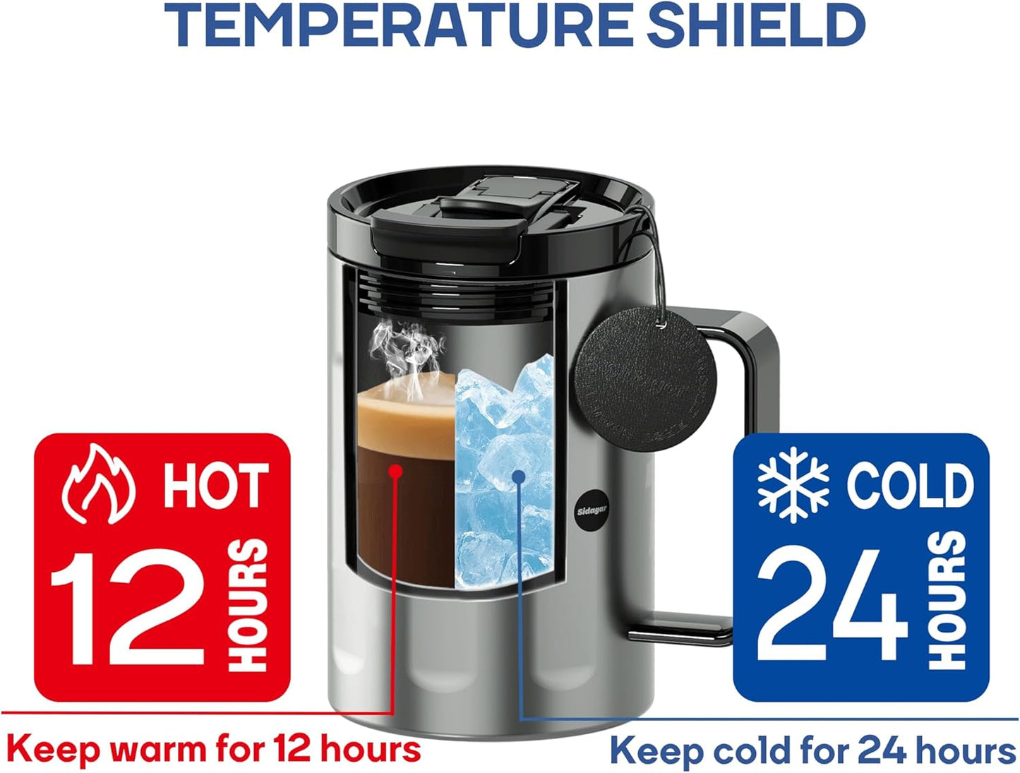 Sidagar+ 18 OZ z Stainless Steel Insulated Coffee Mug with Handle and Lid, Double Wall Vacuum Travel Mug, Tumbler Cup with Sliding Lid, Resuable Insulated Coffee Tumbler, Silver