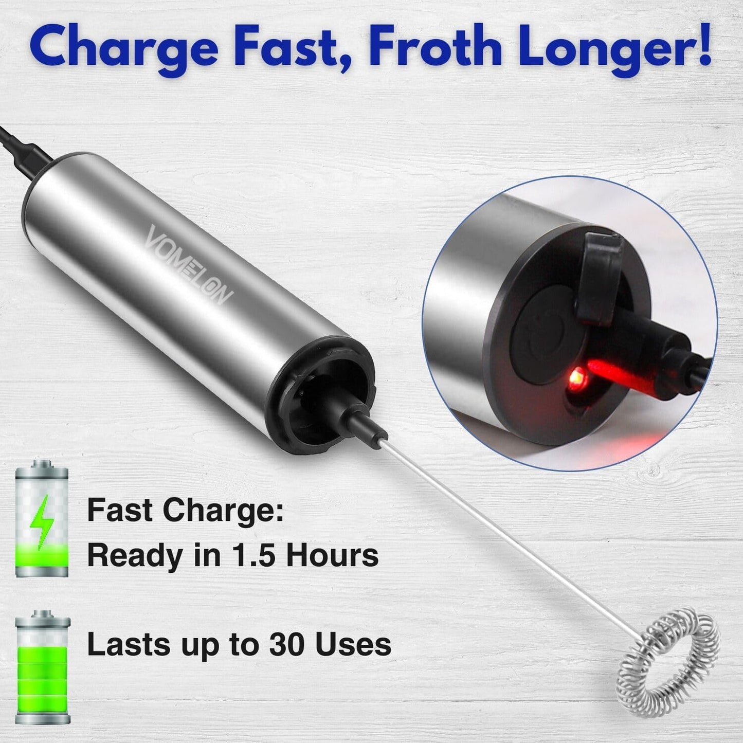 Rechargeable Milk Frother Handheld Electric Frother Wand Milk Foamer Drink Mixer for Coffee, Lattes, Cappuccino, and Egg, Stainless Steel for Travel-Silver