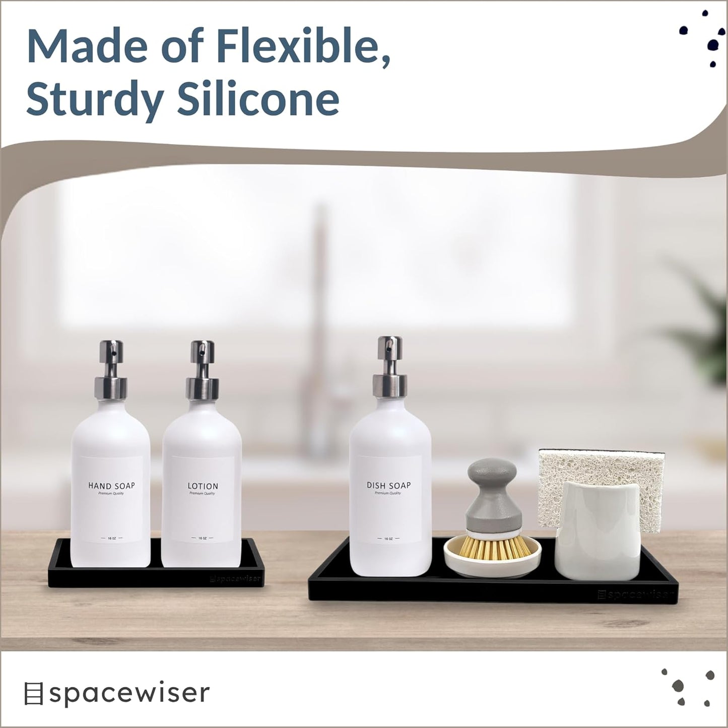 Countertop and Vanity Tray - 2 PC (11” and 7”) Shatterproof Silicone Kitchen and Bathroom Trays for Counter, Kitchen Soap Dispenser Tray, Vanity Trays for Bathroom, Perfume Key Tray