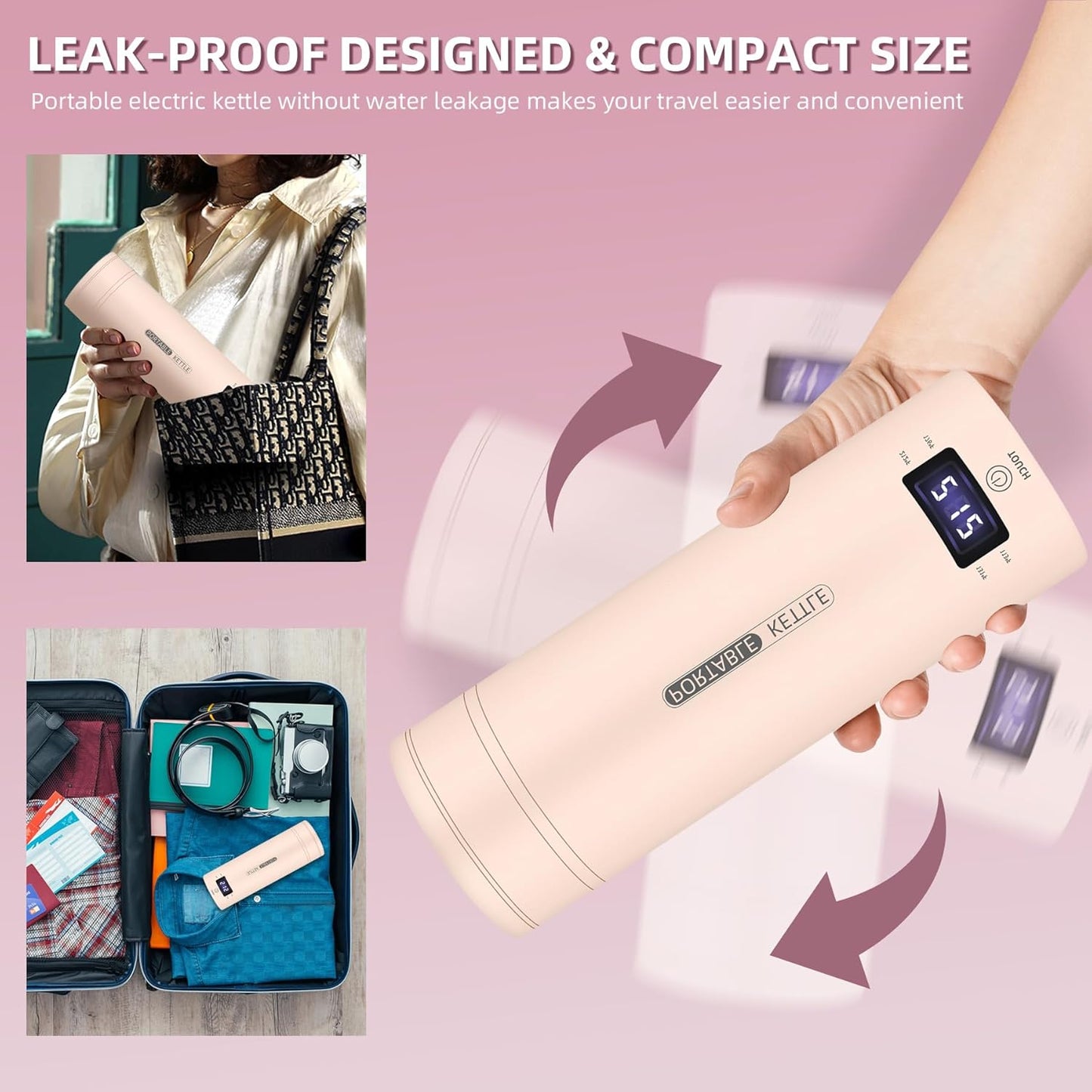 Travel Electric Kettle Portable Small Mini Tea Coffee Kettle Water Boiler, Water Heater with 4 Temperature Control,304 Stainless Steel with Auto Shut-Off & Boil Dry Protection, BPA-Free (Pink)