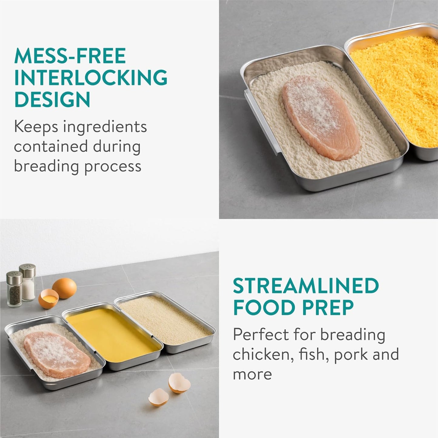 Navaris Stainless Steel Breading Trays, Set of 3 - Interlocking & Stackable Tray Design - 27x15cm Baking and Cooking Sheets - Oven and Dishwasher Ready for Versatile Kitchen Use