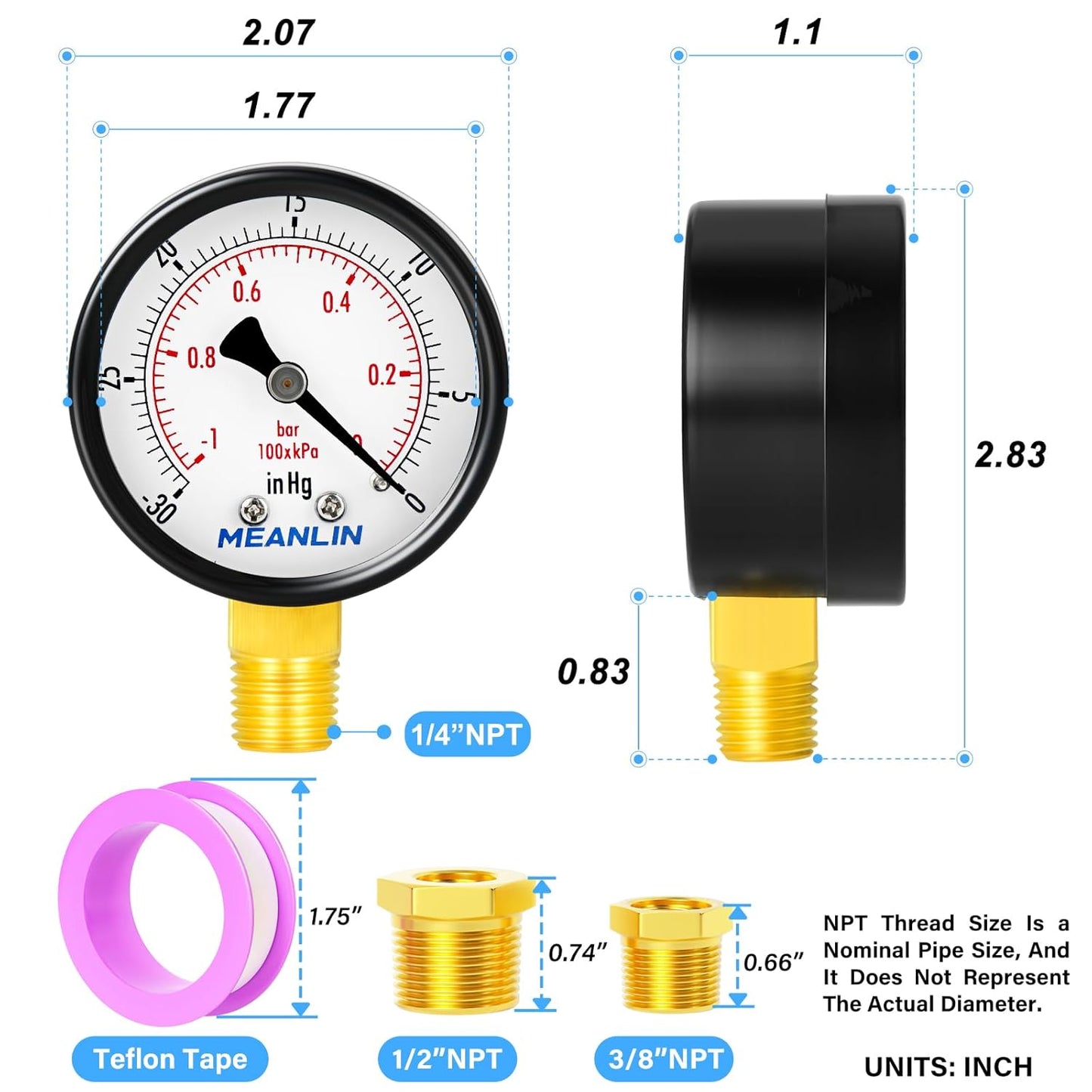 MEANLIN MEASURE -30inHG~0Psi Dry Vacuum Pressure Gauge, 2" DIAL FACE 1/4" NPT WOG Water Oil Air Pressure Test, Lower Mount, with 1/2" NPT and 3/8" NPT Hex Bushing